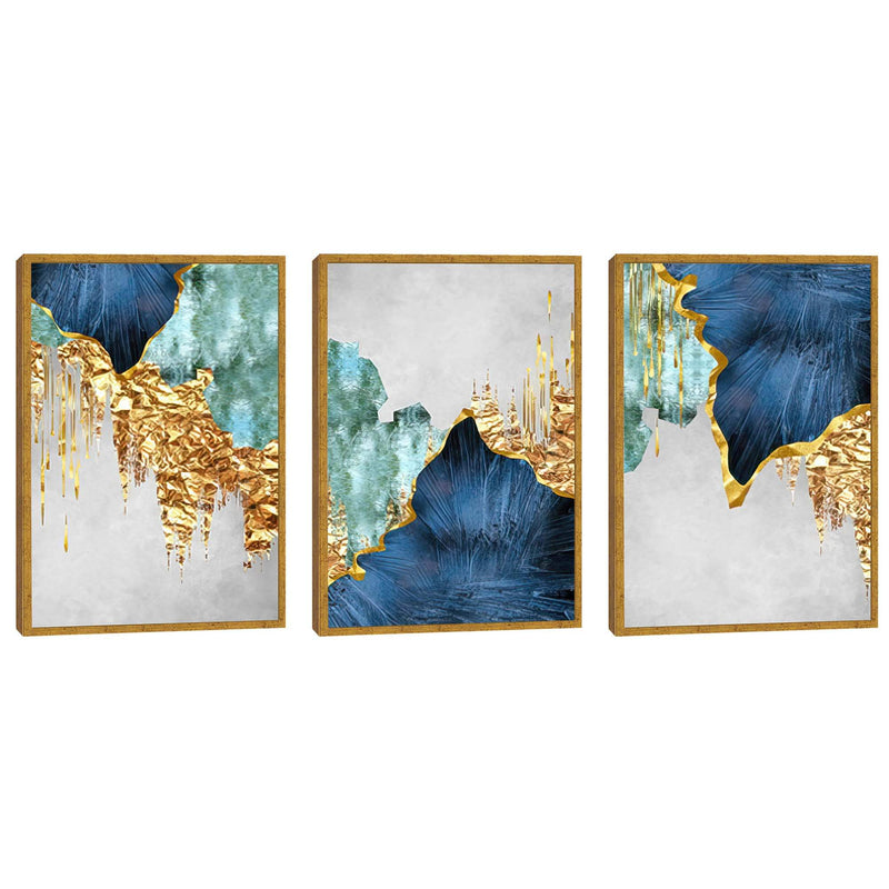 Quadro decorativo 3 Telas Nórdico Azul, Folha de Ouro e Linhas Abstratas