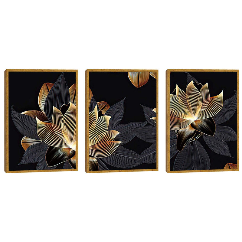 Quadro decorativo 3 Telas Flores de ouro moderno