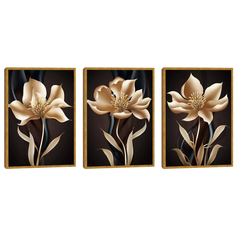Quadro decorativo 3 Telas Flores Golden