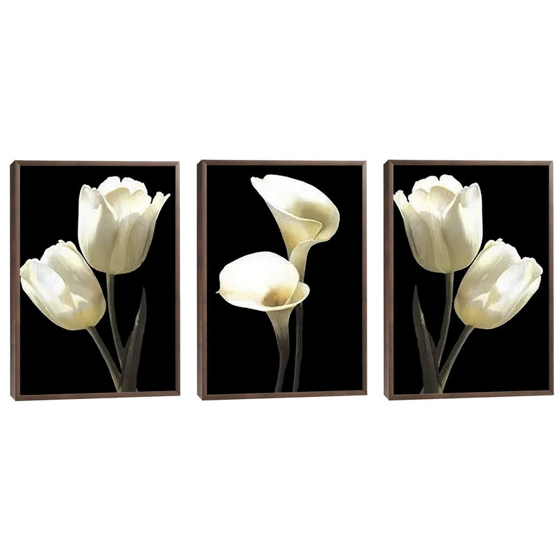 Quadro decorativo 3 Telas Flores e copo de leite