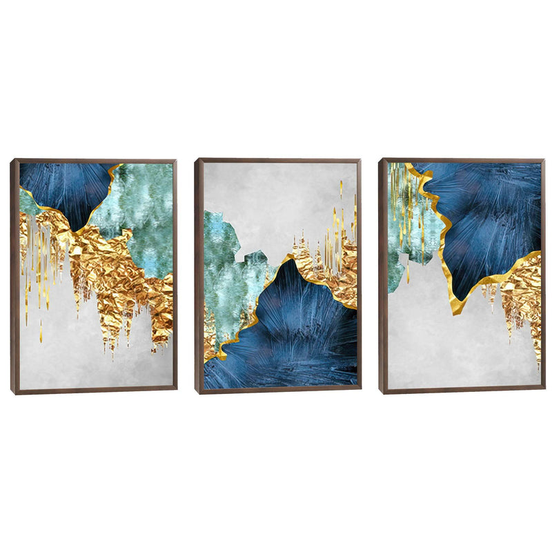 Quadro decorativo 3 Telas Nórdico Azul, Folha de Ouro e Linhas Abstratas