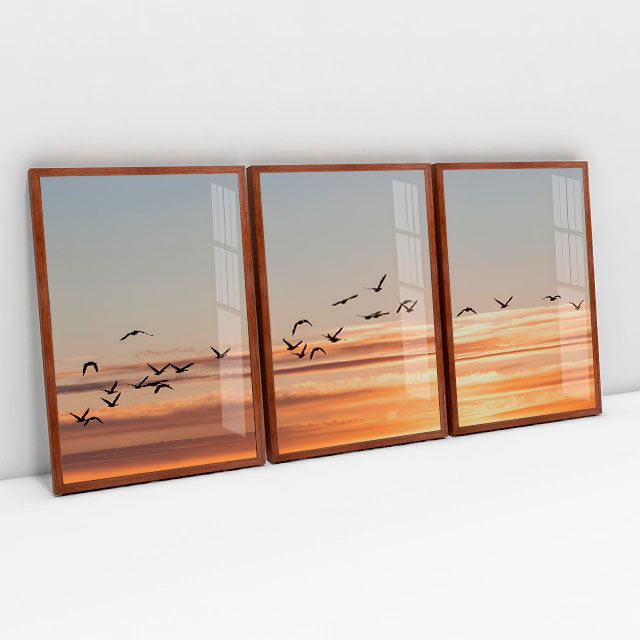 Quadro decorativo 3 Telas Pássaros Por Do Sol