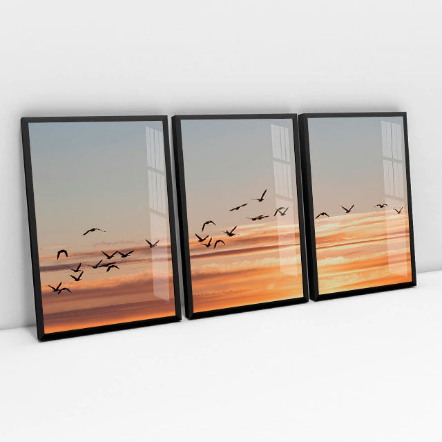 Quadro decorativo 3 Telas Pássaros Por Do Sol