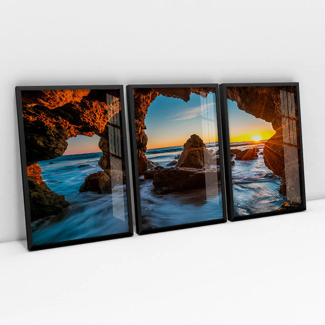 Quadro decorativo 3 Telas Gruta e Mar