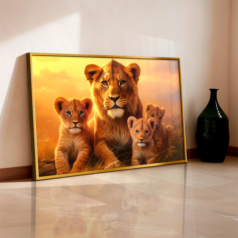 Quadro Decorativo Leoa e 3 Filhotes
