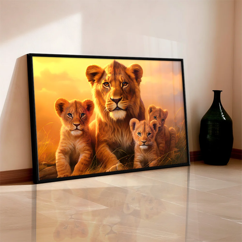 Quadro Decorativo Leoa e 3 Filhotes