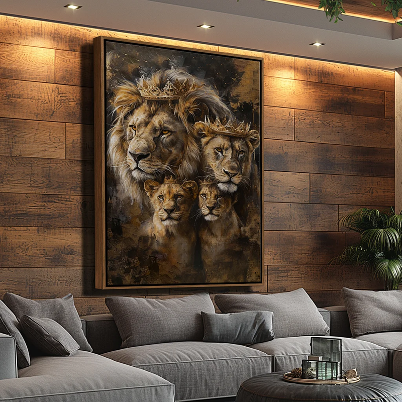 Quadro Decorativo Familia de Leões Coroados