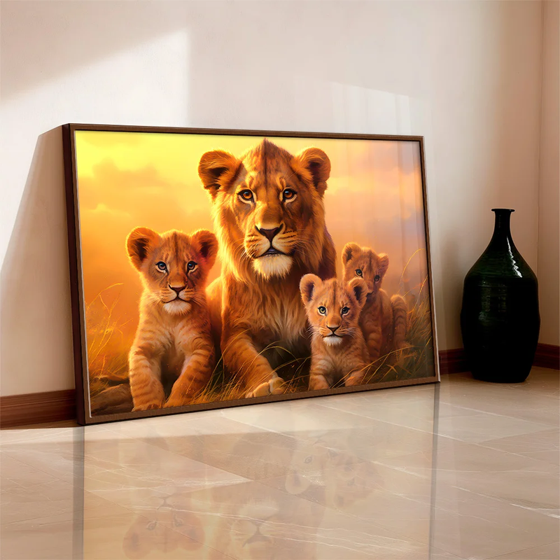 Quadro Decorativo Leoa e 3 Filhotes