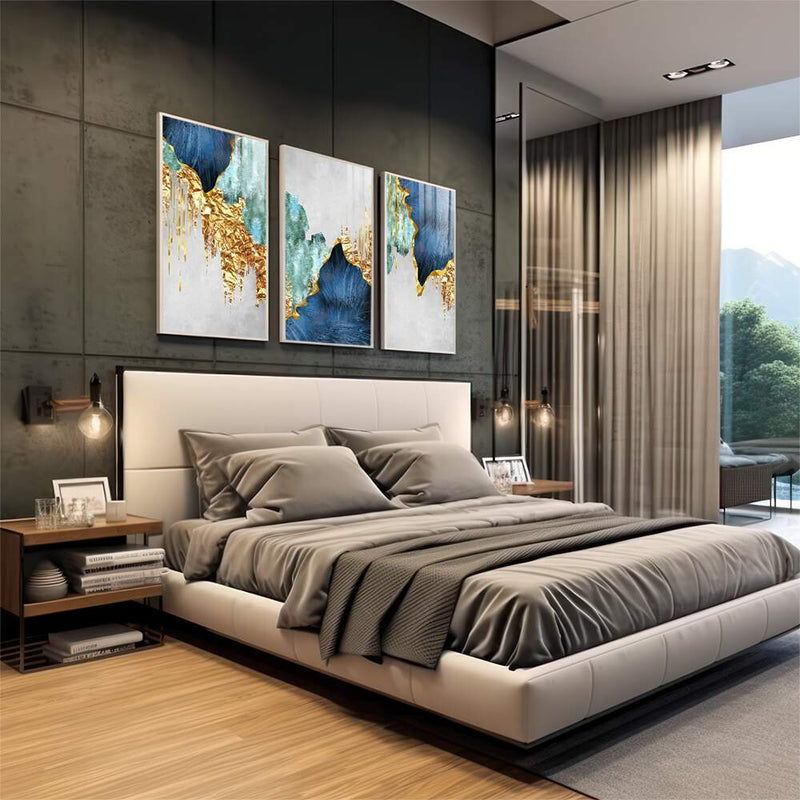 Quadro decorativo 3 Telas Nórdico Azul, Folha de Ouro e Linhas Abstratas