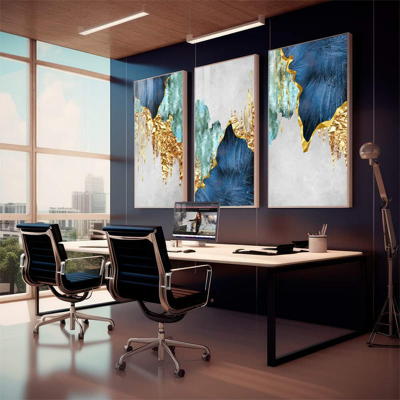 Quadro decorativo 3 Telas Nórdico Azul, Folha de Ouro e Linhas Abstratas