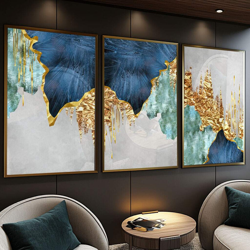 Quadro decorativo 3 Telas Nórdico Azul, Folha de Ouro e Linhas Abstratas