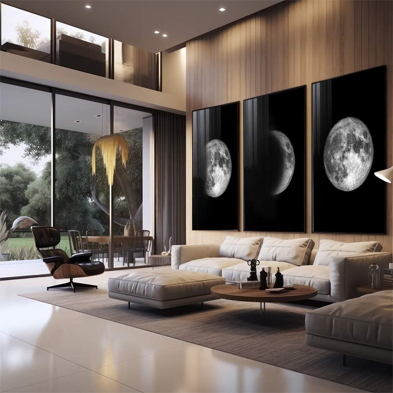 Quadro decorativo 3 Telas Lua preto e branco