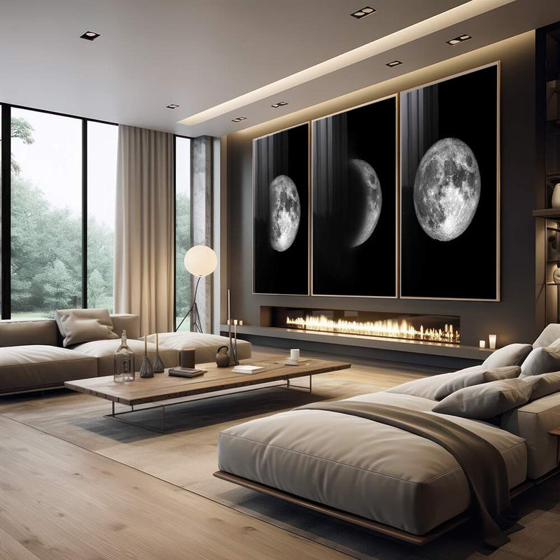 Quadro decorativo 3 Telas Lua preto e branco