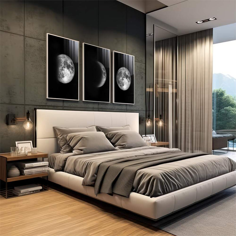 Quadro decorativo 3 Telas Lua preto e branco