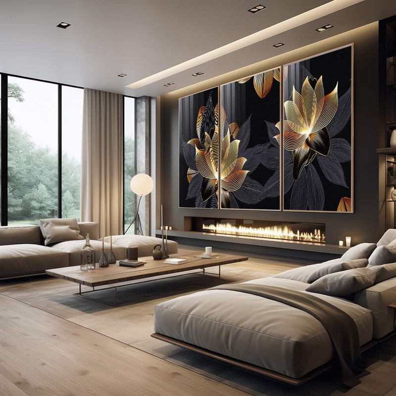 Quadro decorativo 3 Telas Flores de ouro moderno