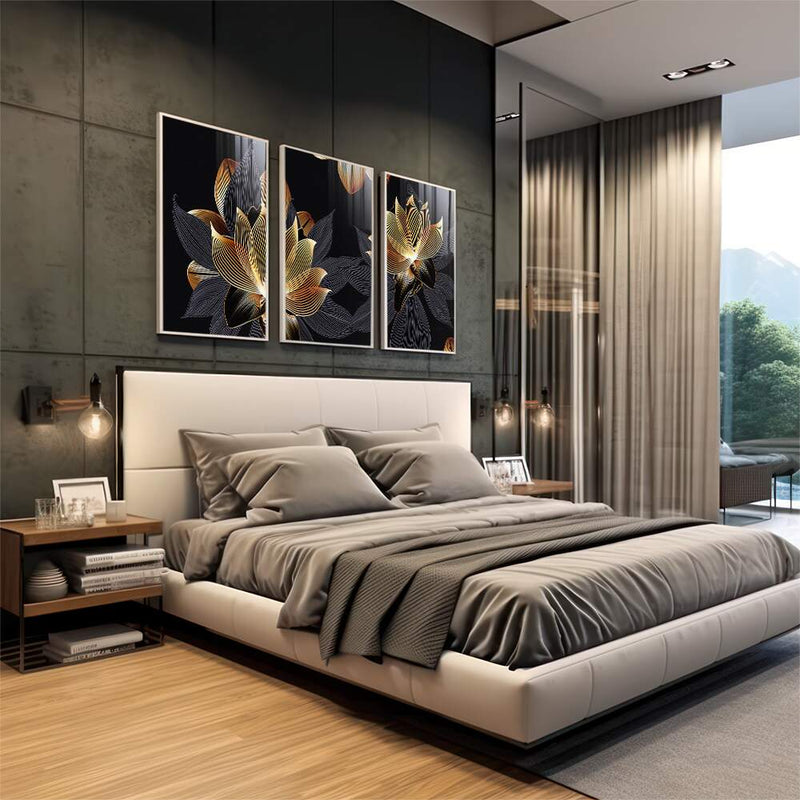 Quadro decorativo 3 Telas Flores de ouro moderno