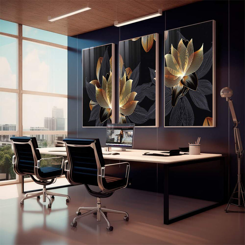 Quadro decorativo 3 Telas Flores de ouro moderno