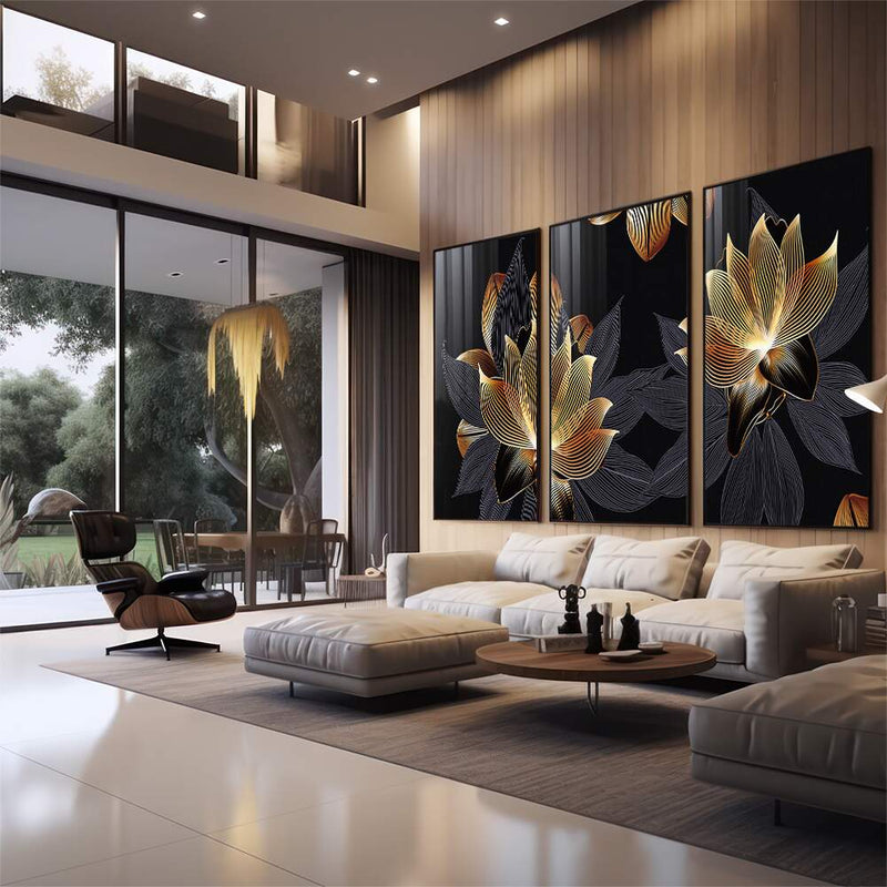 Quadro decorativo 3 Telas Flores de ouro moderno