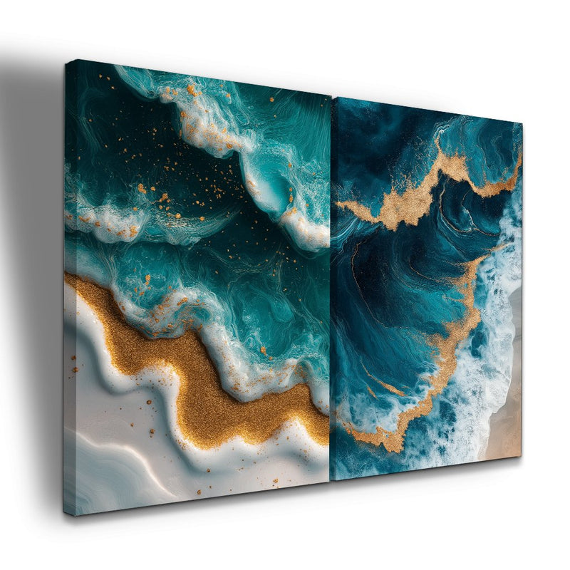 Quadro Decorativo  2 Telas Arte Abstrata de Oceano em Azul e Dourado com Textura de Ondas