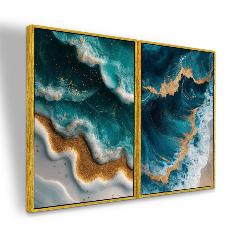 Quadro Decorativo  2 Telas Arte Abstrata de Oceano em Azul e Dourado com Textura de Ondas