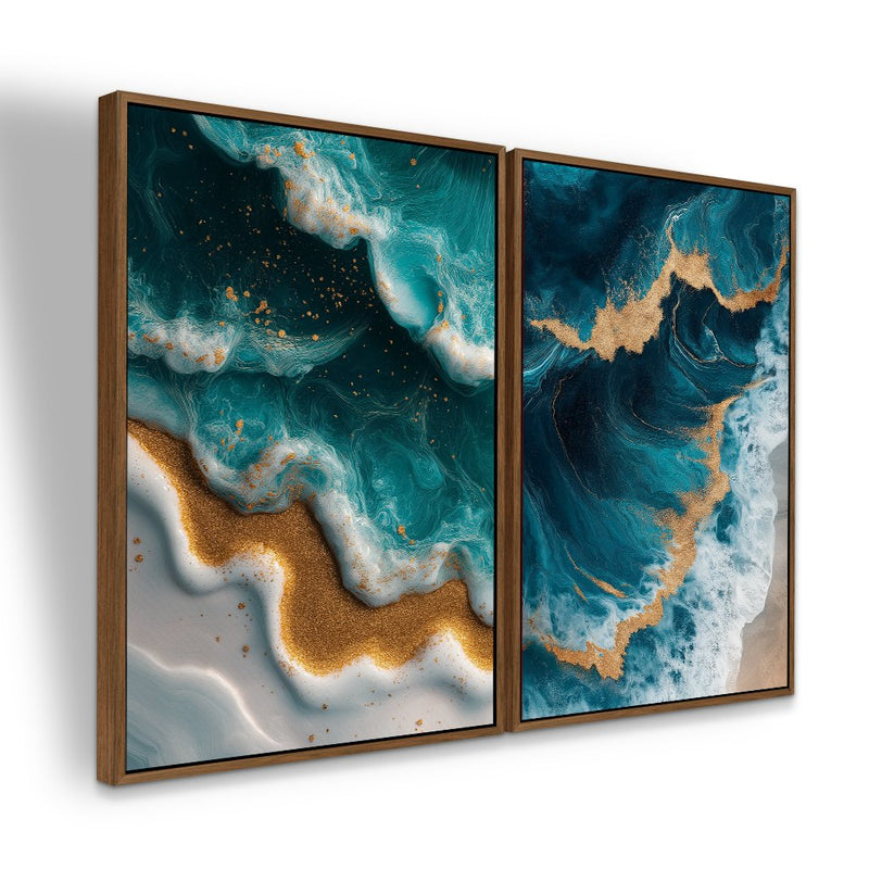 Quadro Decorativo  2 Telas Arte Abstrata de Oceano em Azul e Dourado com Textura de Ondas