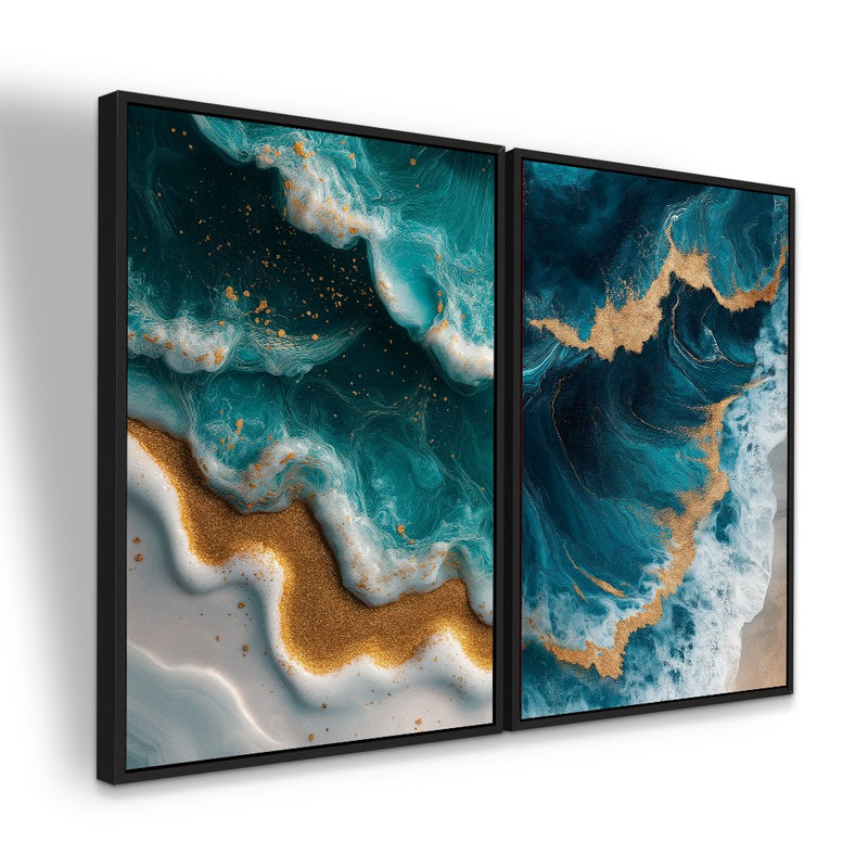 Quadro Decorativo  2 Telas Arte Abstrata de Oceano em Azul e Dourado com Textura de Ondas