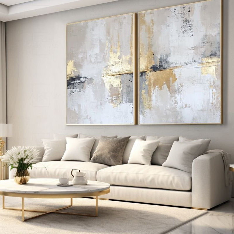 Quadro Decorativo  2 Telas Grandes Modernos Abstrato Luxo Branco Cinza e Dourado