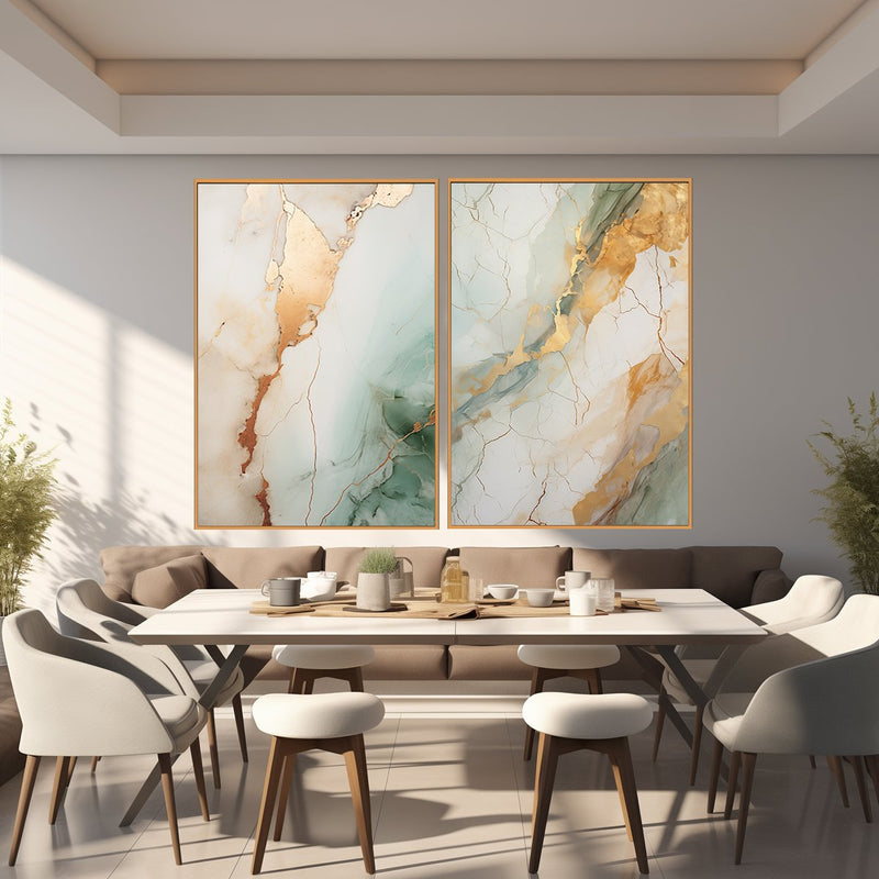 Quadro Decorativo  2 Telas Marmorizado Verde e Dourado