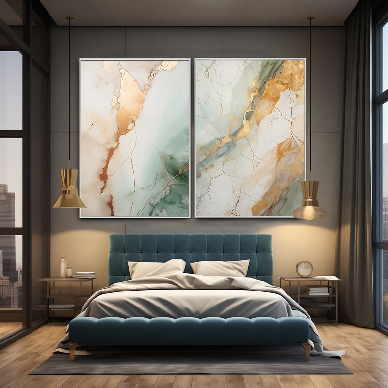 Quadro Decorativo  2 Telas Marmorizado Verde e Dourado