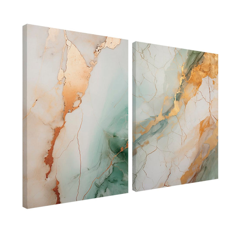 Quadro Decorativo  2 Telas Marmorizado Verde e Dourado