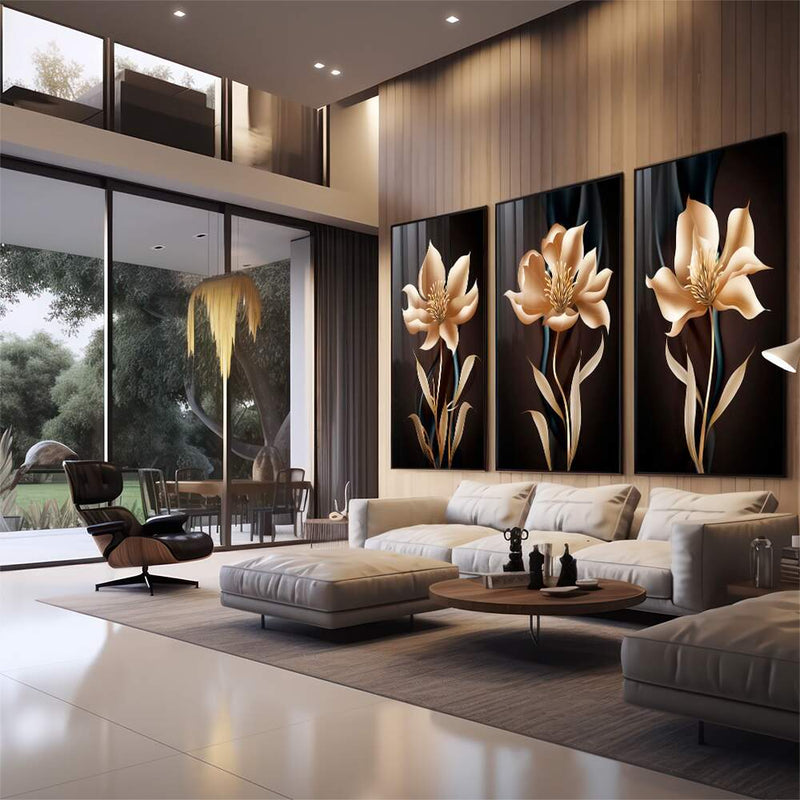 Quadro decorativo 3 Telas Flores Golden