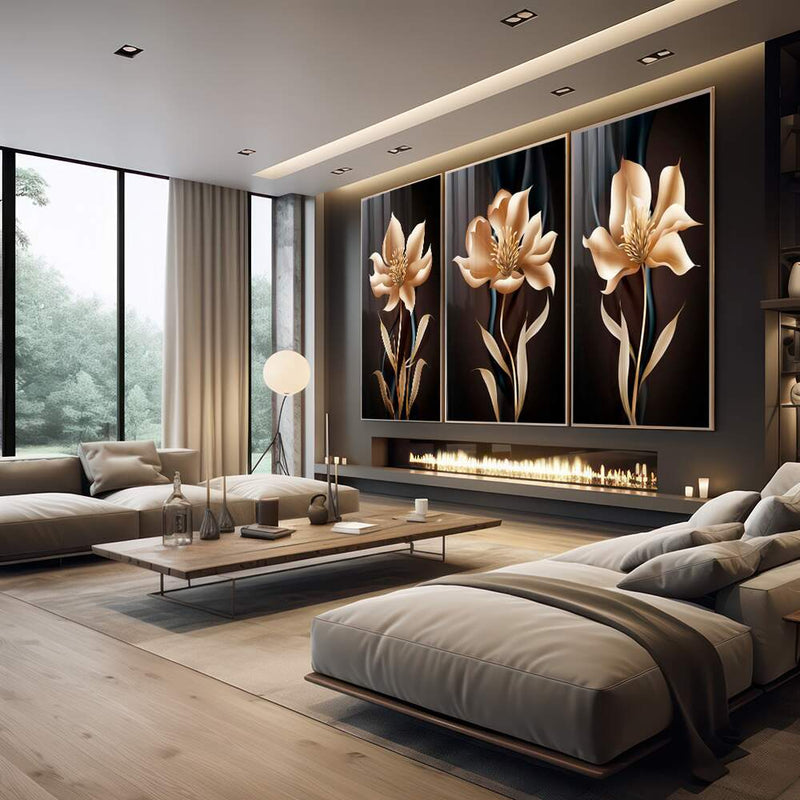 Quadro decorativo 3 Telas Flores Golden