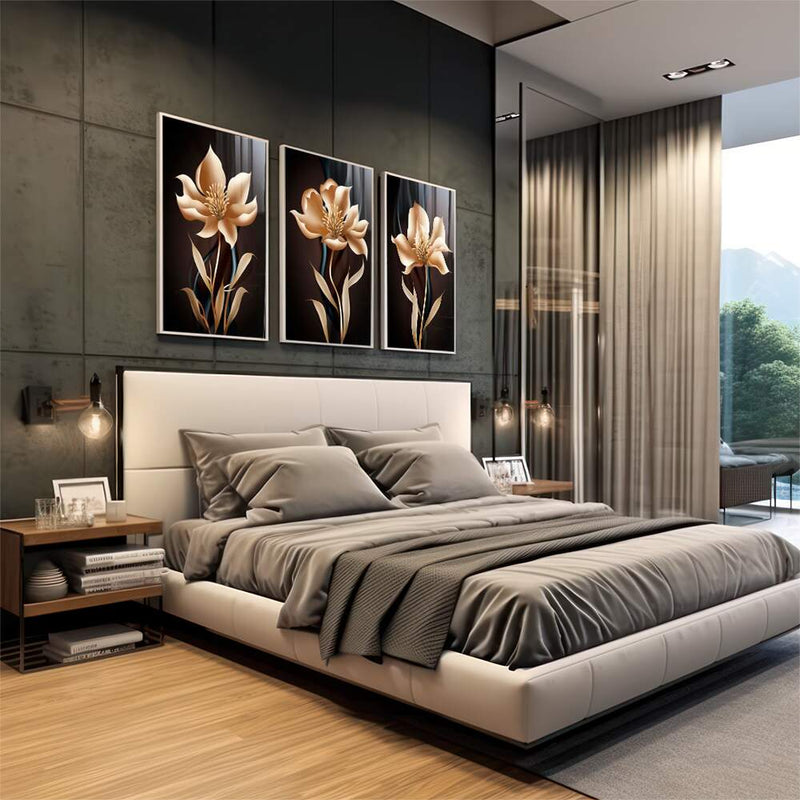 Quadro decorativo 3 Telas Flores Golden