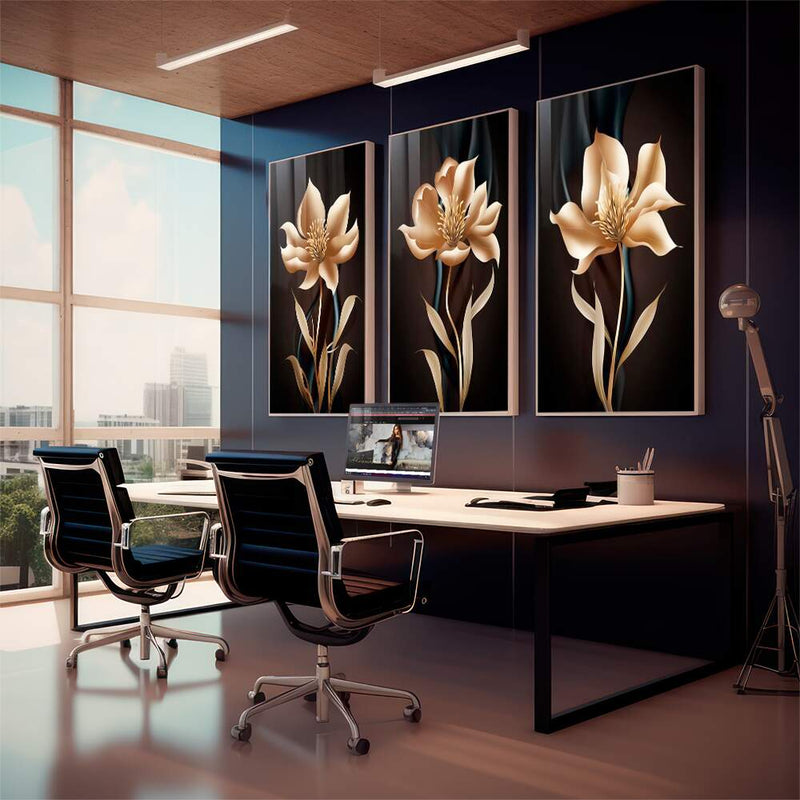 Quadro decorativo 3 Telas Flores Golden