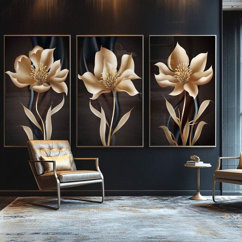 Quadro decorativo 3 Telas Flores Golden