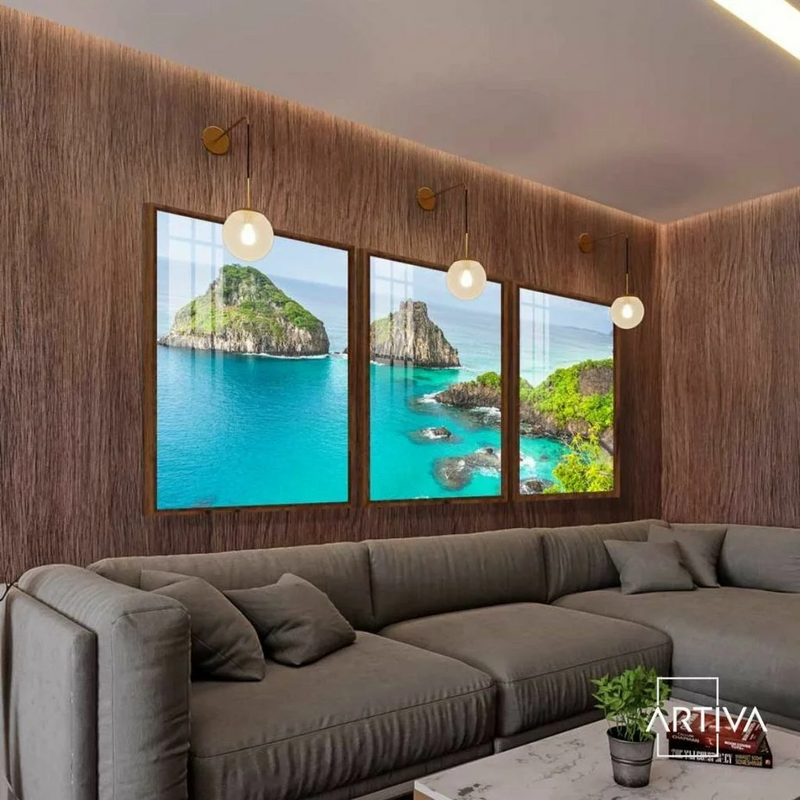 Quadro decorativo 3 telas Paisagem Noronha Dois Irmãos Cacimba do Padre