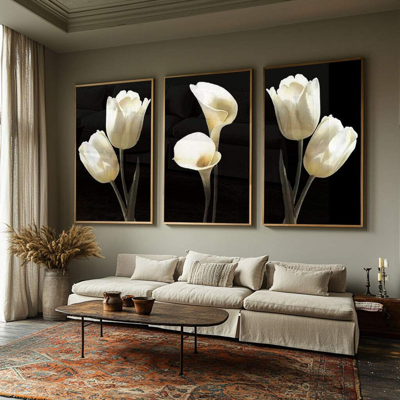 Quadro decorativo 3 Telas Flores e copo de leite