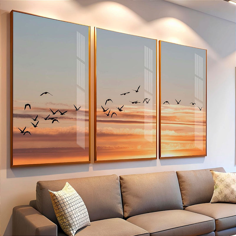 Quadro decorativo 3 Telas Pássaros Por Do Sol