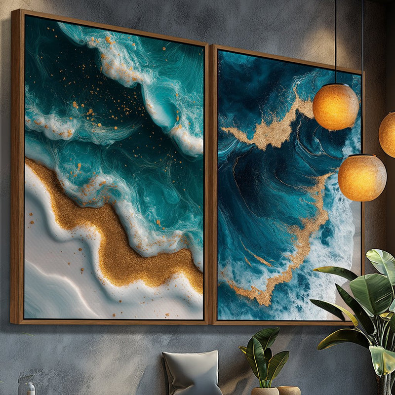 Quadro Decorativo  2 Telas Arte Abstrata de Oceano em Azul e Dourado com Textura de Ondas