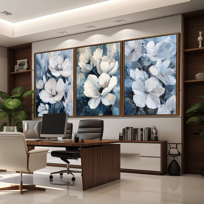 Quadro decorativo 3 telas Flores Brancas em Fundo Azul Luxuosa