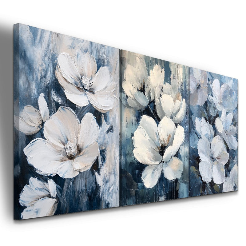 Quadro decorativo 3 telas Flores Brancas em Fundo Azul Luxuosa
