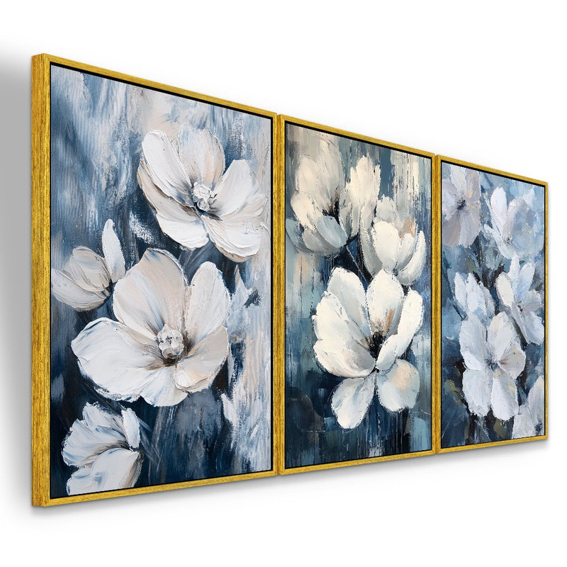 Quadro decorativo 3 telas Flores Brancas em Fundo Azul Luxuosa