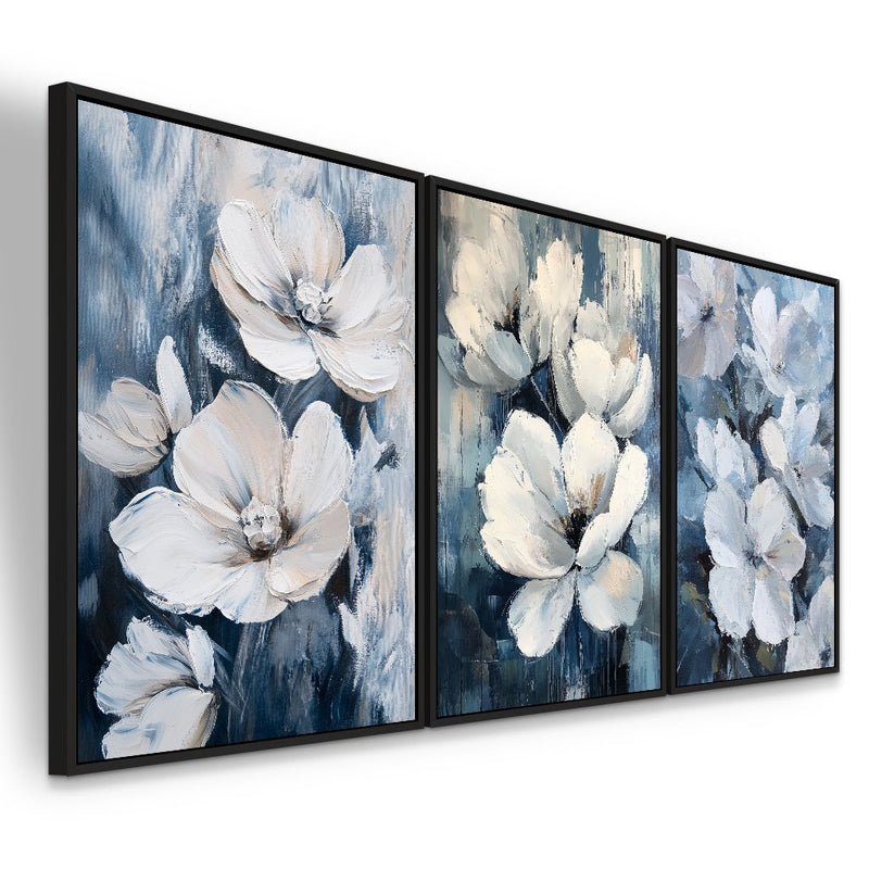 Quadro decorativo 3 telas Flores Brancas em Fundo Azul Luxuosa