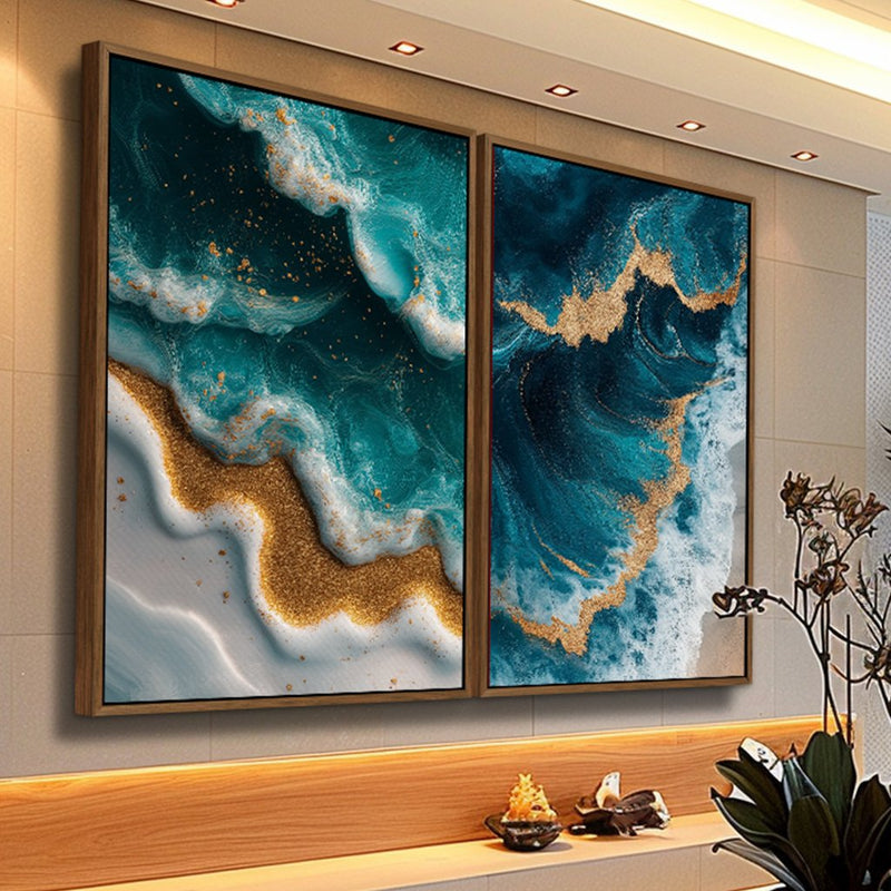 Quadro Decorativo  2 Telas Arte Abstrata de Oceano em Azul e Dourado com Textura de Ondas